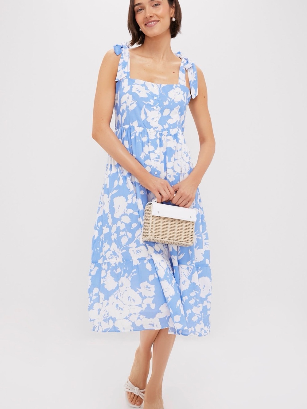 Blue & White Floral Tie-Shoulder Midi Dress